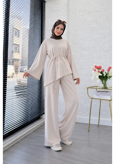 Asimetrik Tunik Pantolonlu Tesettür İkili Takım Krem