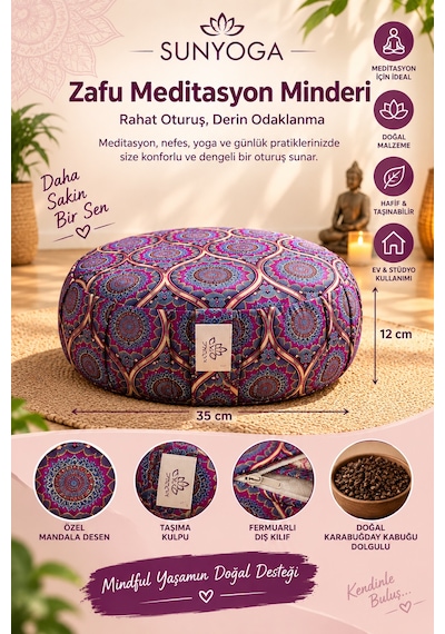 3'lü Yoga Ve Meditasyon Seti Zafu Bolster Minder Mandala Mor