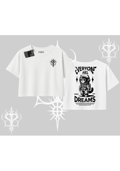 Startmore Startmore Everyone Has Dreams Yazılı Astronot Kedi Arka Baskılı Oversize Crop Tshirt Beyaz