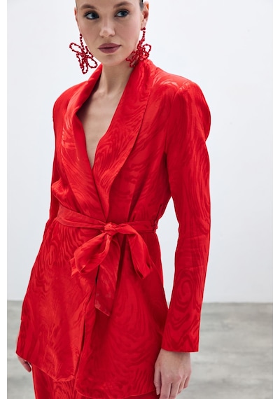 Sateen Kuşaklı Desenli Uzun Ceket - Kırmızı-135676 Kırmızı