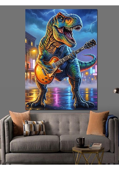 Ahşap Tablo Gitar Çalan Dinozor Rockçı