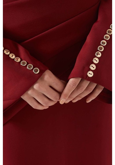 Eegen Studio Louisa Maxi Dress - Off - Shoulder, Düğmeli Kollu, Sırt Yırtmaçlı, Şık Tasarım Elbise Kırmızı