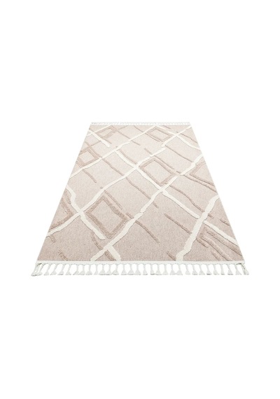 Bespoky Bej Geometrik Desenli Modern Salon Halısı Makine Dokuma