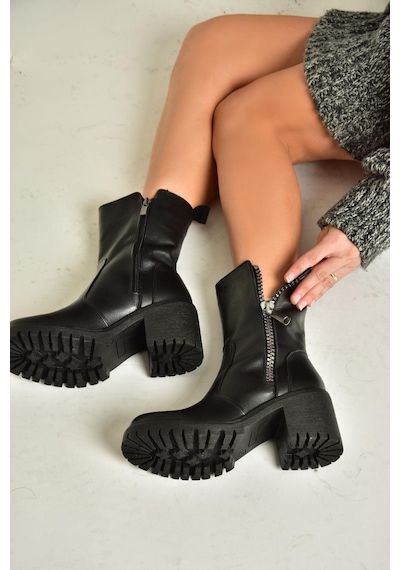 Fox Shoes T654095803 Siyah Hakiki Deri Kalın Topuklu Kadın Bot Siyah-hakiki Deri Siyah