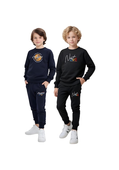 Fyk Kids 2'li Erkek Çocuk Yuvarlak Yaka Baskı Detaylı Eşofman Takımı Lacivert - Siyah