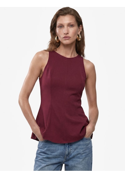 Koton Keten Karışımlı Kolsuz Bisiklet Yaka Peplum Top Bordo 6sak30130ew