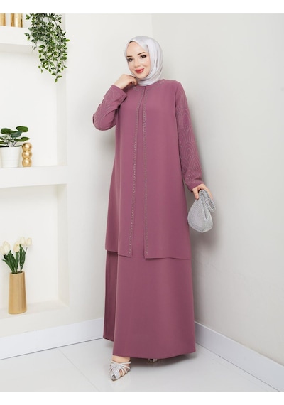 Eslemnur Kolları Taşlı Büyük Beden Anne Elbisesi Pembe