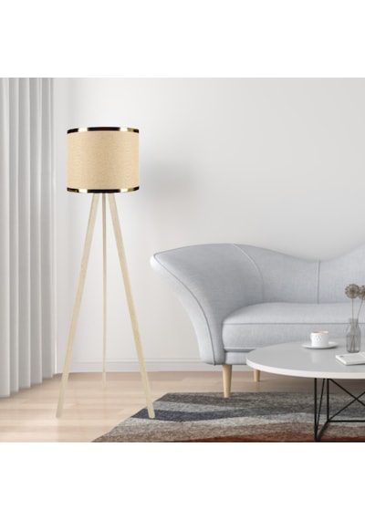 Krem Ahşap Üç Ayaklı Tripod Lambader Bej Kumaş Hazır Başlık Gold Şeritli Köşe Lambası Bej