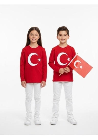 Zekids Çocuk Uzun Kollu Kırmızı Türk Bayraklı T-shirt-17210 KIrmızı