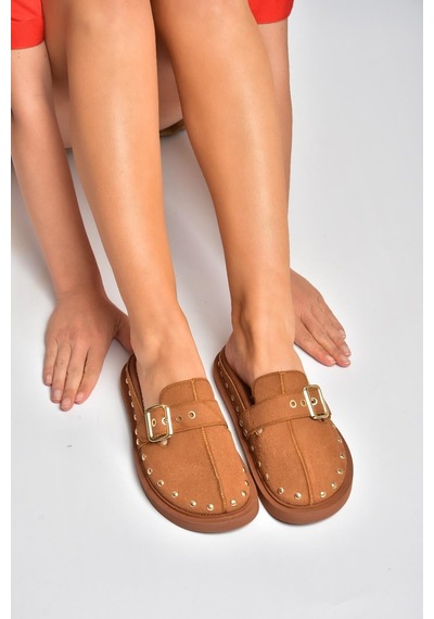Fox Shoes Y918143802 Taba Süet Önü Kapalı Zımba Detaylı Sabo Terlik