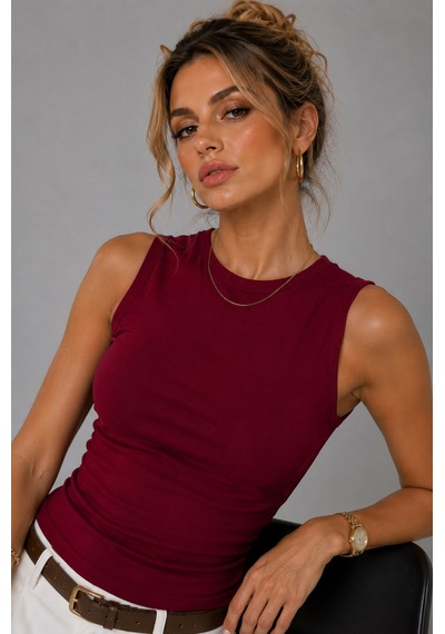 Wild Bee Kadın Bordo Pamuklu Bisiklet Yaka Vücudu Saran Sıfır Kollu Basic Bluz
