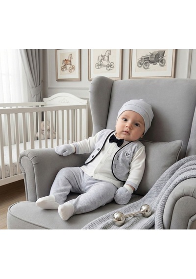 Zeynuko Erkek Bebek Papyonlu Little Man 5'li Yenidoğan Hastane Çıkışı Zıbın Seti gri