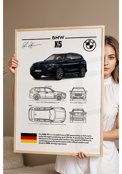 Bmw X5 Tablo - Teknik Özellikli Alman Lüks Suv Poster - Çerçeveli Duvar Dekoru - Araba Blueprint Kayın