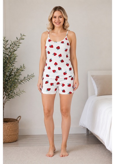 Pijamask Kadın Çilek Desenli Askılı Şortlu Pijama Takımı Yazlık Rahat Ev Giyim P100-0043 Beyaz
