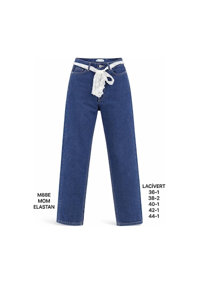 Miss Poem Kadın Lacivert Dantel Kemer Detaylı Yüksek Bel Mom Fit Jean Pantolon