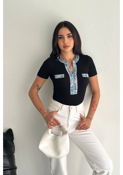Femelle Kadın Siyah Kot Detaylı Pul Payet İşlemeli %100 Pamuk Kısa Kol Triko Bluz