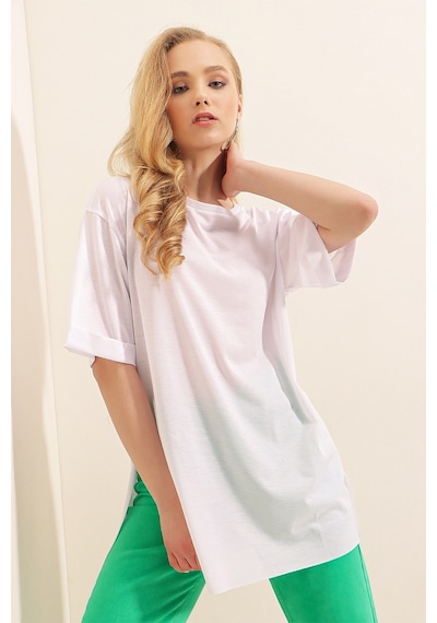 Bigdart 4123 Yırtmaçlı Oversize Tişört - Beyaz 001
