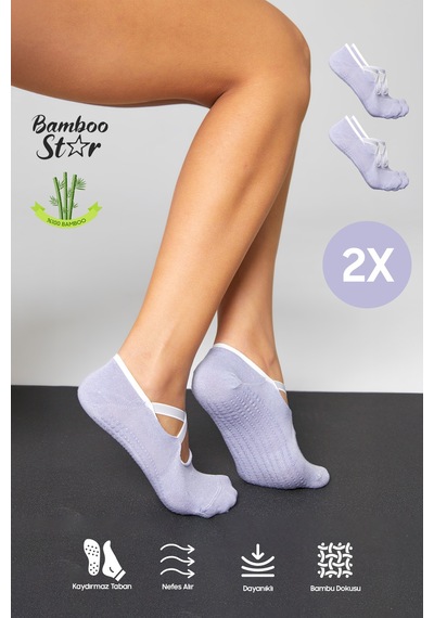 Bamboo Star Bambu Kadın Lila Kaydırmaz Taban Silikon Baskı Pilates Yoga Fitness Dans Aktivite Babet Çorabı 2'li