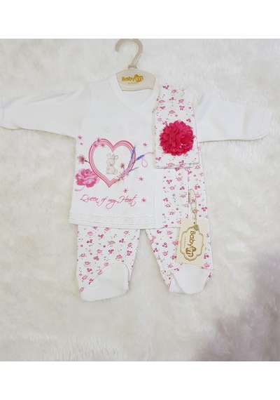 Candysbebe Kız Bebek Ayaklı Takım 3 Lü 0-3 Ay Beyaz - Pembe