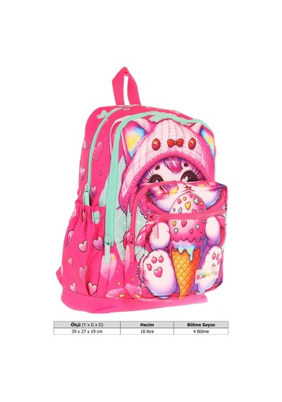Kaukko Dört Bölmeli Kız Çocuk - Pembe - Dondurma Yiyen Kedi - İlkokul Okul Sırt Çantası - L5250 Pembe