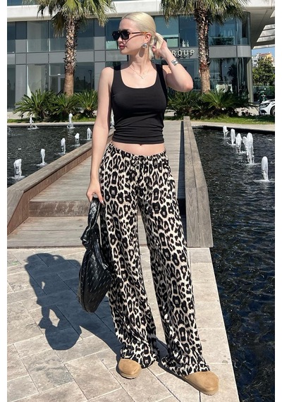 Madmext Krem Ayarlanabilir Bel Leopar Desenli Bol Paça Pantolon Mg2095-krem Krem
