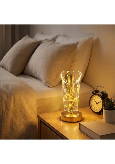 Açık Silindirik Kristal Altın Toz Model Led Masa Lambası Gold Tabanlı, Dokunmatik, 3 Renk Işık Modlu, Şarjlı Modern Dekoratif Gece Lambası Beyaz