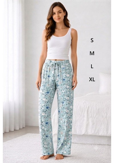 Viskon Pamuklu Kadın Deniz Mavisi Desenli Pijama Pantolon - Mg012 - Mudanis
