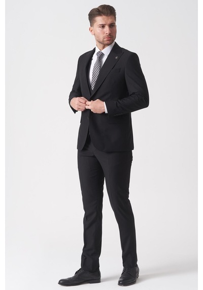 White Stone Campinas Ty2494 Slim Fit 6 Drop Düz Yelekli Takım Elbise Siyah Siyah
