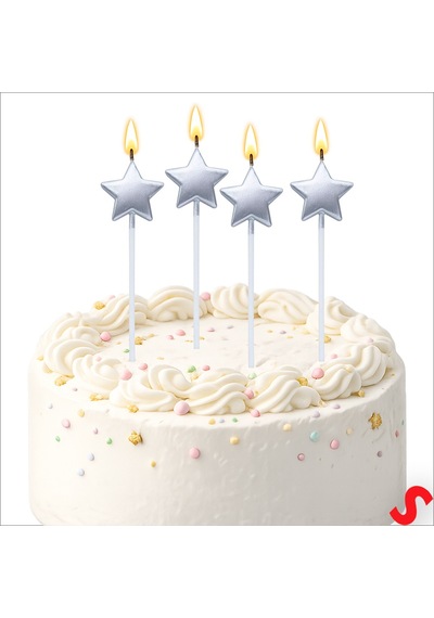 Çubuklu Metalik Gümüş Yıldız Mum - 14 Cm X 4 Adet