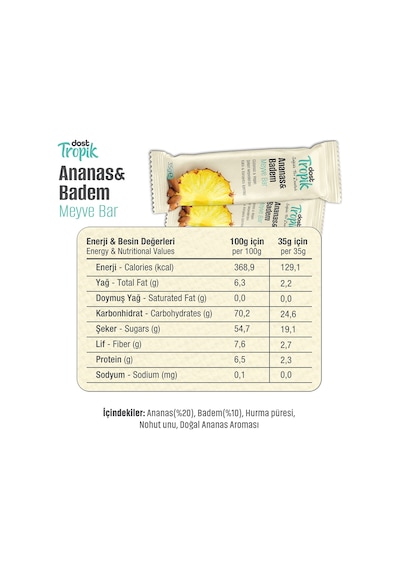 Ananas Ve Badem Aromalı Meyve Bar 35 G Meyve İçeren Pratik Atıştırmalık 5 Adet