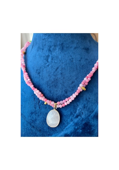 Pembe Kuvars Doğal Taş Kolye Çift Sıra Sarmal Tasarım 4 Mm Taş 53 Cm Pembe Pembe
