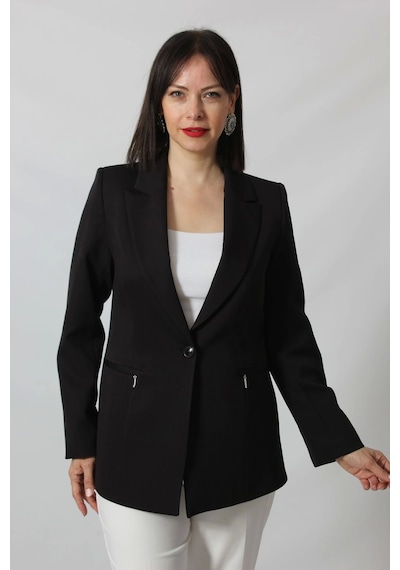 Moda Berray 1904 Siyah Fermuarlı Cep Aksesuarlı Kadın Büyük Beden Blazer Ceket Siyah