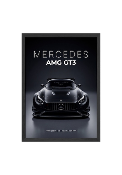 Mercedes Amg Gt3 Siyah Ahşap Çerçeveli Poster, Dekoratif Araba Duvar Tablosu