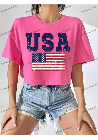 Flood Of Style Crop Ckod-232913 Amerikan Bayrağı Ve Harf Grafikli Düşük Omuz Kısa Pembe