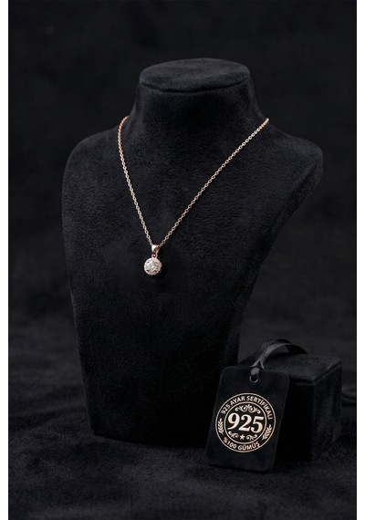 925 Ayar Zirkon Taşlı Rose Minimal Yuvarlak Anturaj Gümüş Kolye Rzn10163