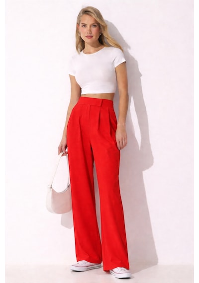 Trend Alisse Kadın Beli Cırt Cırtlı Pileli Bol Paça Palazzo Pantolon Wide Leg Kırmızı