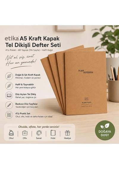 Etika A5 Kraft Kapak Tel Dikişli Defter Seti, 4'lü Paket, 48 Yaprak 96 Sayfa , Hafif Kağıt 124-Pembe