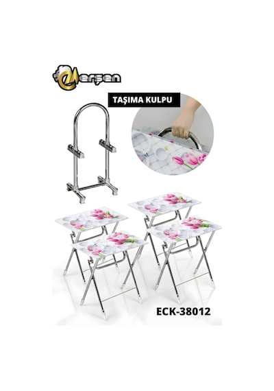 Eranş Serisi 4'lü Katlanır Cam Beyaz Daire Ve Çieçk Desen Çanta Zigon Sehpa Krom Ayak Daire Ve Çiçek Desen