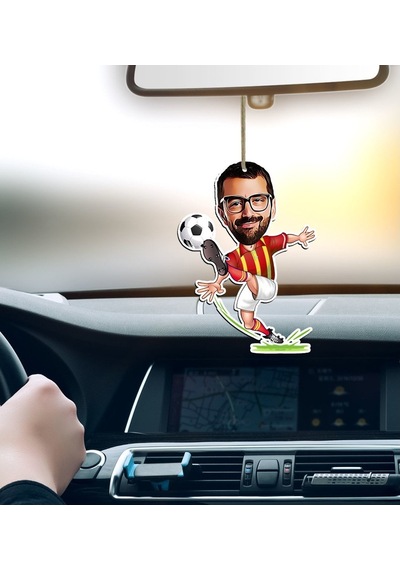 Kişiye Özel Sarı Kırmızı Futbolcu Karikatürlü Ahşap Araba Dikiz A