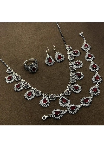 Damla Model Yakut Taşlı Gümüş Oksitli Telkari Kadın Set