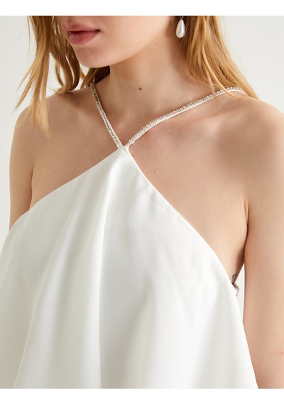 Koton Katlı Bridal Mini Elbise Halter Yaka Taş Detaylı Astarlı Beyaz 4sak80044fw Beyaz