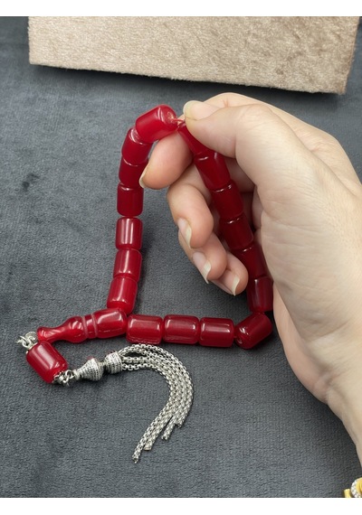 Efe Boy Alpaka Zincir Püsküllü Vişne Kırmızı Sıkma Kehribar Tesbih 11x14 Mm