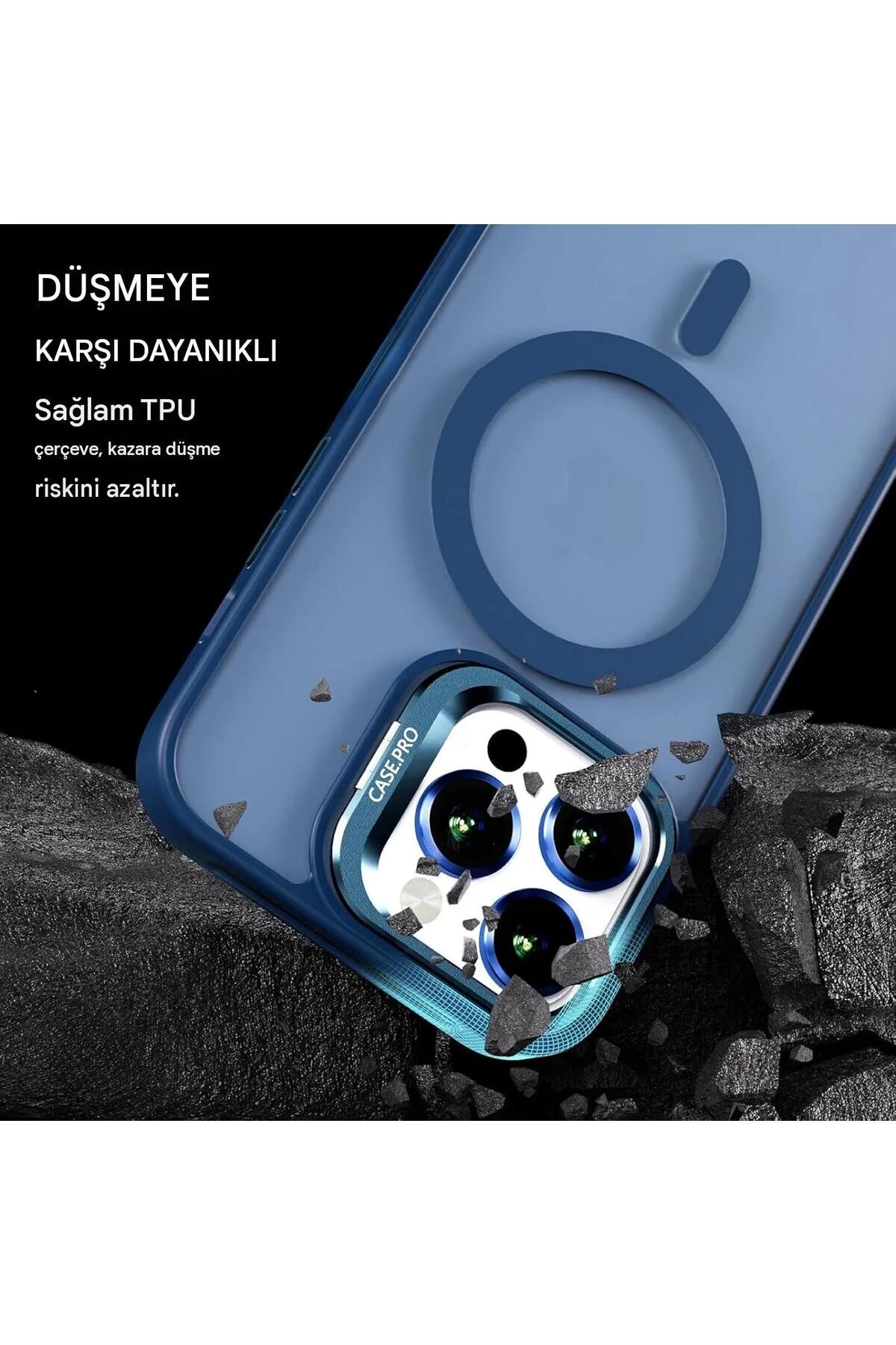 İphone 14 Pro Uyumlu Magsafe Kılıf Mıknatıslı Standlı Darbeye Dayanıklı Mat Şeffaf Arka Kapak Lens li Lacivert