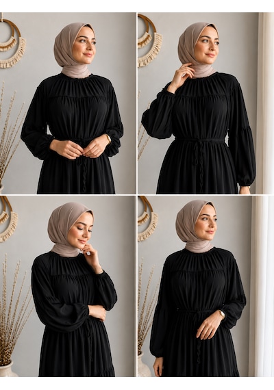 Efulim Womens İpli - Astarlı Salaş Şifon Tesettür Elbise Siyah