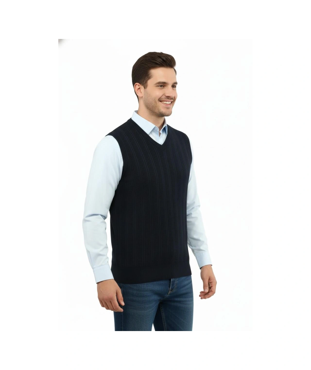 Çizgi Triko Erkek V Yaka Süveter Çelik Örgü Regular Kalıp 5209h Bgl-st04843 Lacivert