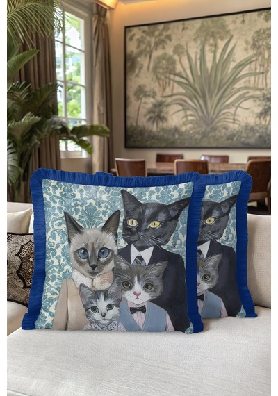 Zarif Vintage Kedi Ailesi Saçaklı Yastık Kılıfı - Sanatsal Bohem Mavi Püsküllü Kırlent Kılıfı Açık Kumlu Nane