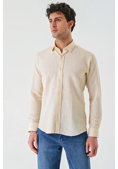 İmza Hardal Uzun Kollu Çizgili Biritli Yaka Pamuklu Likralı Casual Slim Fit Dar Kesim Gömlek 1004240233-hardal Hardal