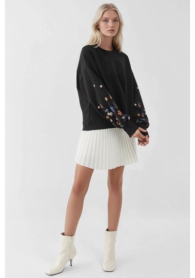 Hiccup Baskılı Uzun Kollu Yuvarlak Yaka Sweatshirt Siyah