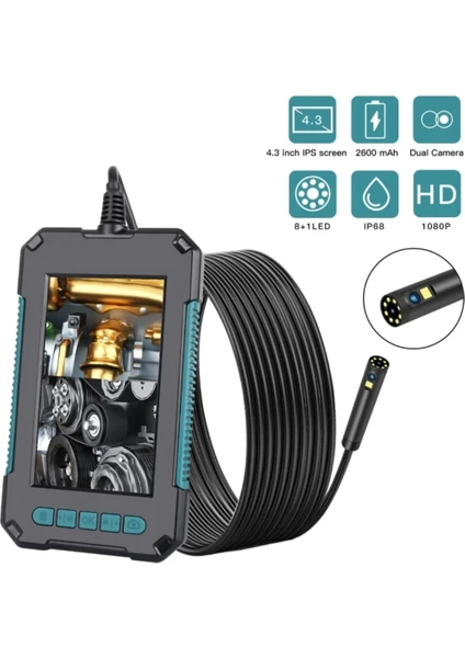 10 Metre Çift Kameralı Ekranlı Endoskop Kamera 4.3'' Ips Lcd 1080p Hd 8mm Ip67 Su Geçirmez Boru Tesisat Araç Kontrol İçin