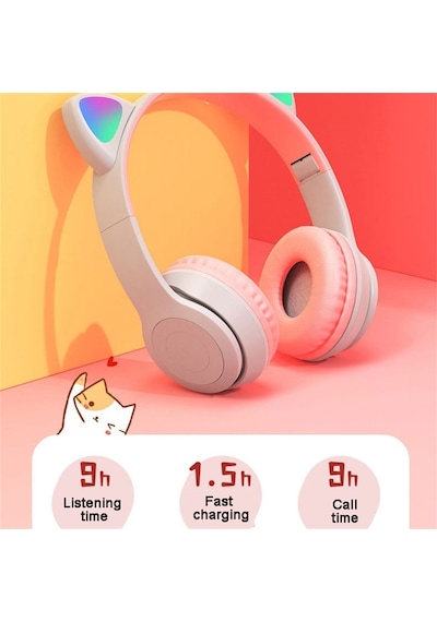 Mmpshop P47M Sevimli Kedi Bluetooth Kablosuz Mikrofonlu RGB Kulak Üstü Kulaklık
